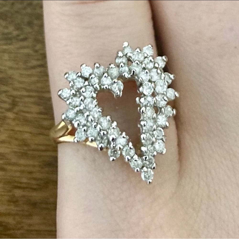 Floating Natural Diamond Heart Ring Vintage Estate 14K Yellow Gold Size 6.75